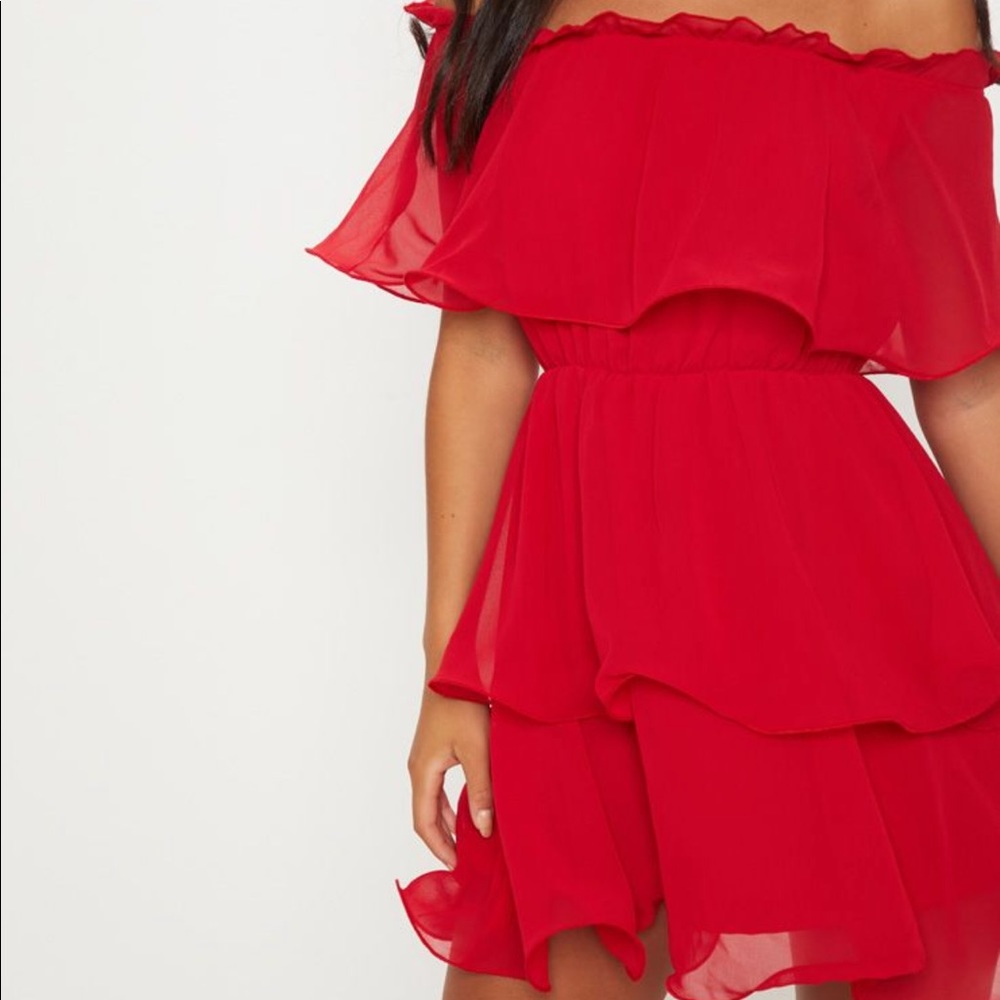Red chiffon Bardot ruffle tiered dress